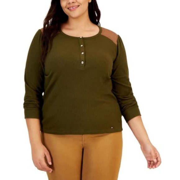 NWT Tommy Hilfiger Size Faux-Suede-Yoke Henley Top W2HH0729 0X Dark Olive Green - Picture 1 of 2